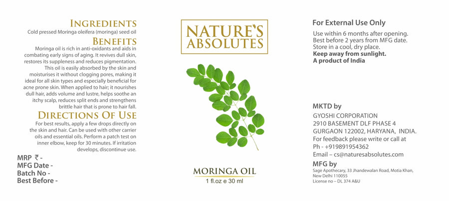 Cold Pressed - Moringa Oil - Natural Moisturizer For hair and skin (30 ml)